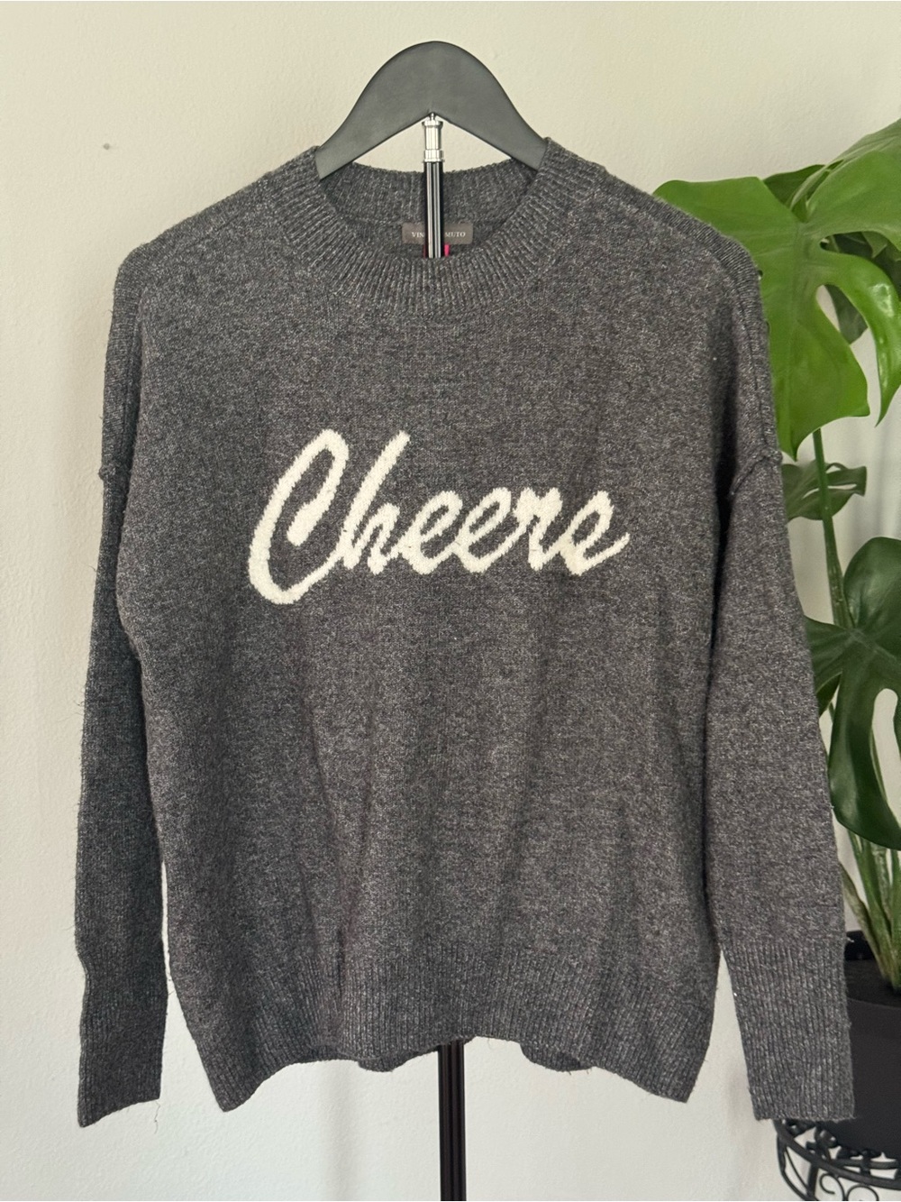 Vince Camuto Gray Crewneck Sweater with White "Cheers" Script